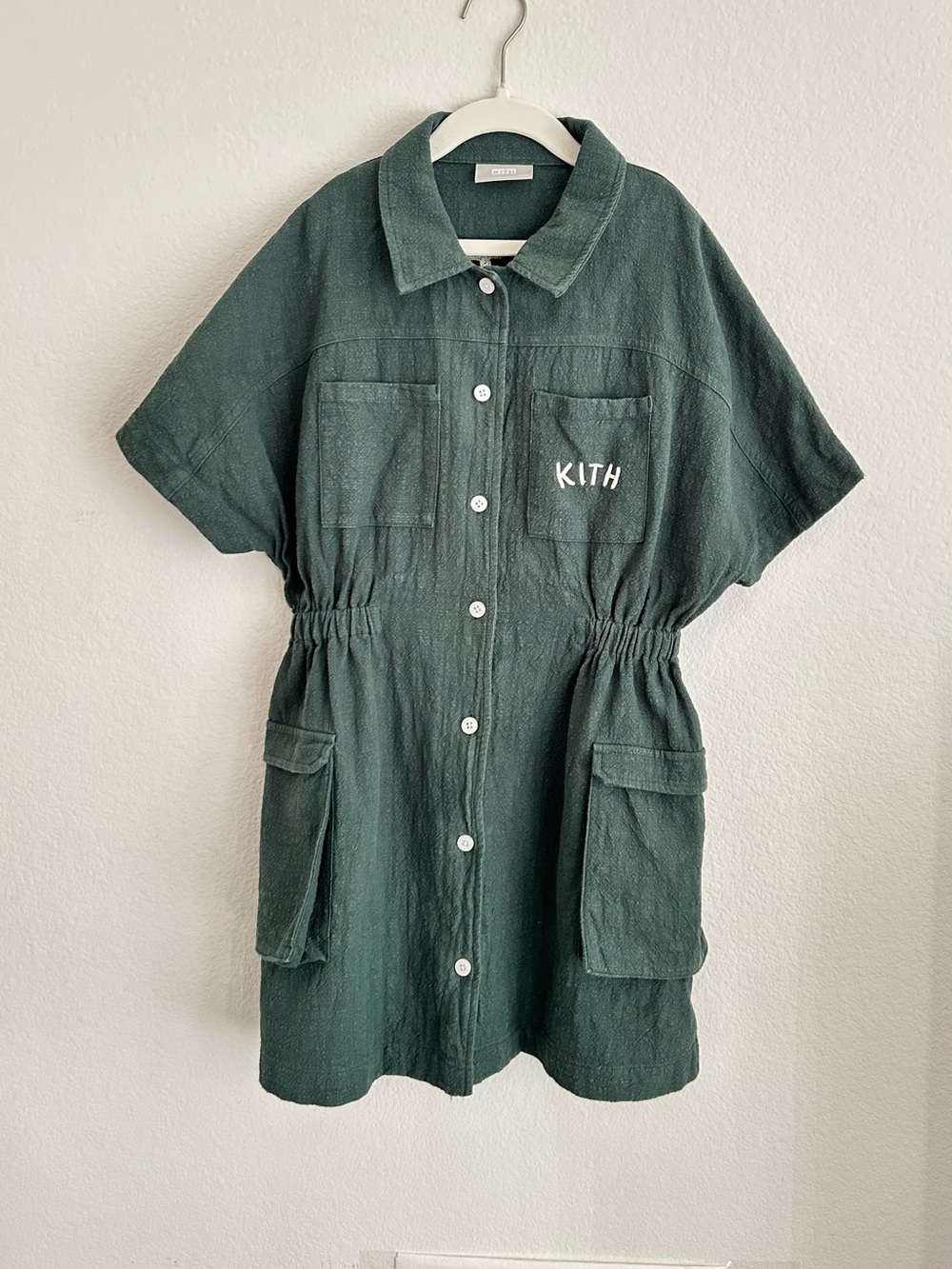Kith Short-Sleeve Button Front Utility Dress in Teal Green
